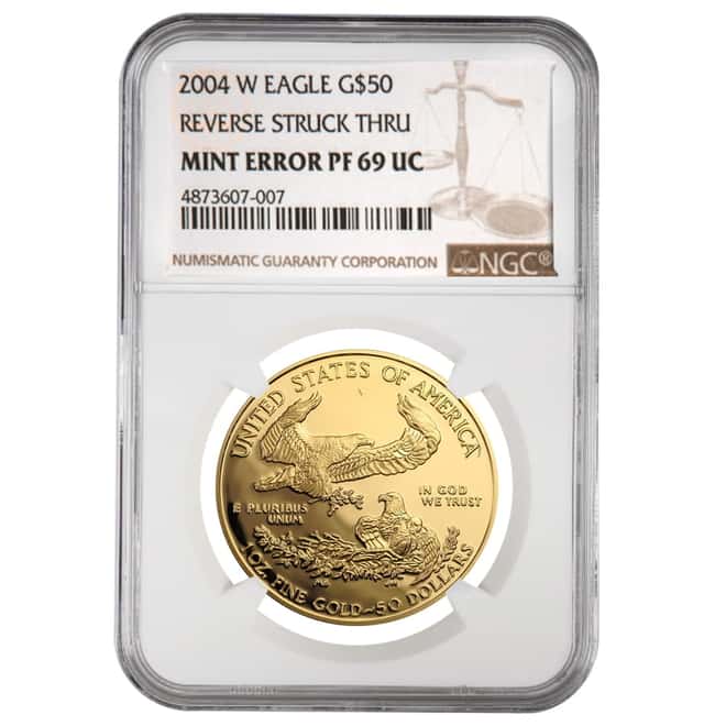 2004 W 1 oz $50 Proof Gold American Eagle NGC PF 69 UCAM Mint Error (Rev Struck Thru)