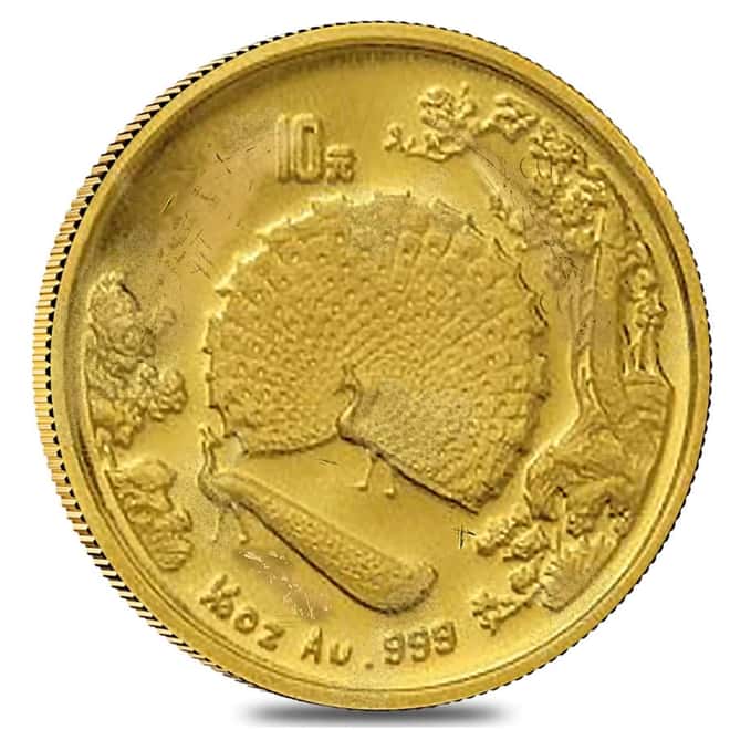 1993 Chinese 1/10 oz Two Peacocks 10 Yuan Gold Coin (Scruffy)