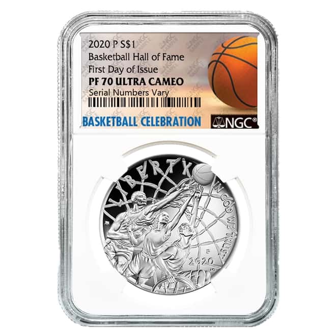 2020 P Basketball Hall of Fame Proof Silver Dollar NGC PF 70 UCAM FDOI (Basketball Label)