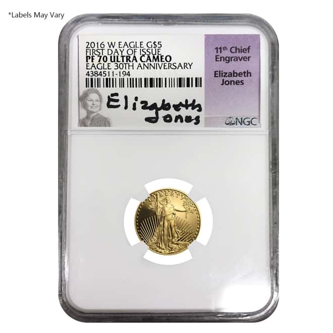 2016 W 1/10 oz $5 Proof Gold American Eagle NGC PF 70 UCAM FDOI (Elizabeth Jones Signature Label)
