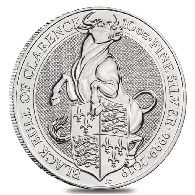 2019 Great Britain 10 oz Silver Queen's Beasts (Black Bull) Coin .9999 Fine BU In Cap