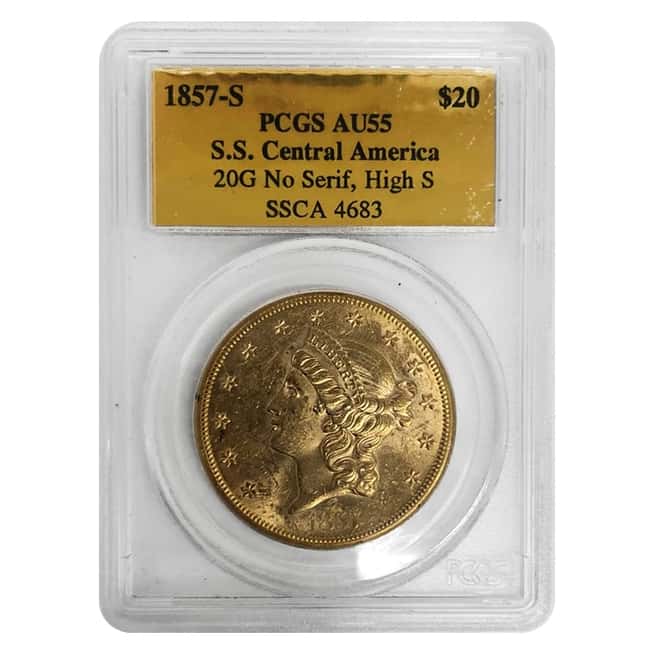 1857 S $20 Gold Liberty Head Double Eagle SS Central America PCGS AU 55