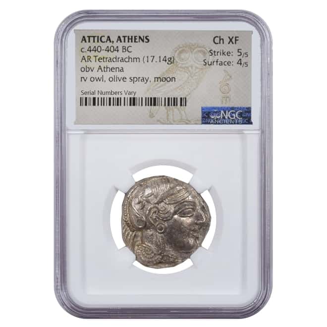 440 - 404 BC Attica Athens Silver Athena Owl Tetradrachm Coin NGC Ch XF 5/5; 4/5