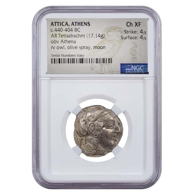 440 - 404 BC Attica Athens Silver Athena Owl Tetradrachm Coin NGC Ch XF 4/5; 4/5