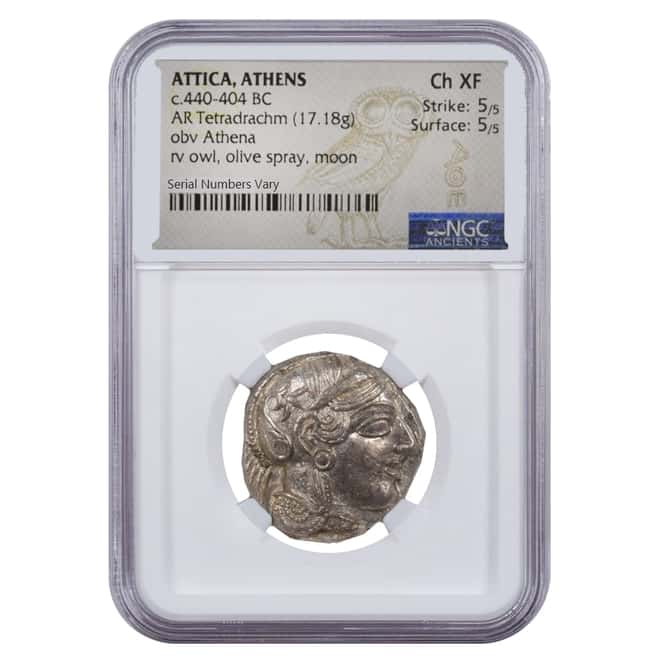 440 - 404 BC Attica Athens Silver Athena Owl Tetradrachm Coin NGC Ch XF 5/5; 5/5