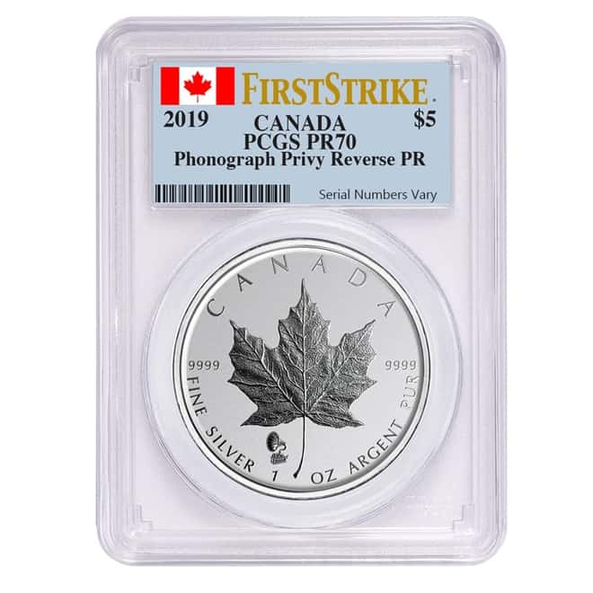 2019 1 oz Silver Canadian Maple Leaf Phonograph Privy Reverse Proof PCGS MS 70 FS