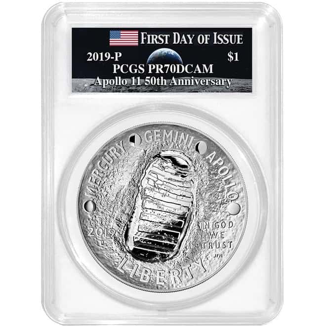 2019 P 5 oz Apollo 11 50th Anniversary Proof Silver Dollar Comm. PCGS PF 70 FDOI (Moon Label)