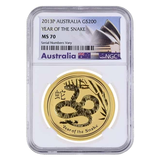 2013 2 oz Gold Lunar Year of The Snake Australia Perth Mint NGC MS 70