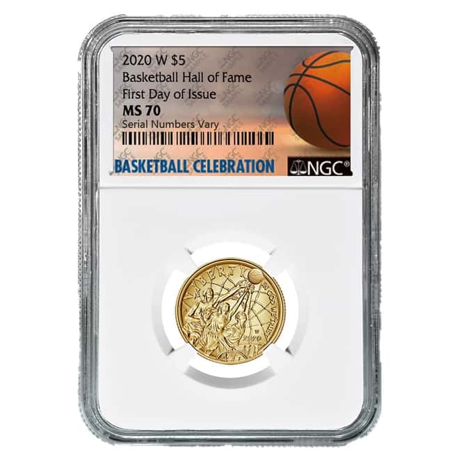 2020 W $5 Gold Basketball Hall of Fame Coin NGC MS 70 FDOI (Basketball Label)