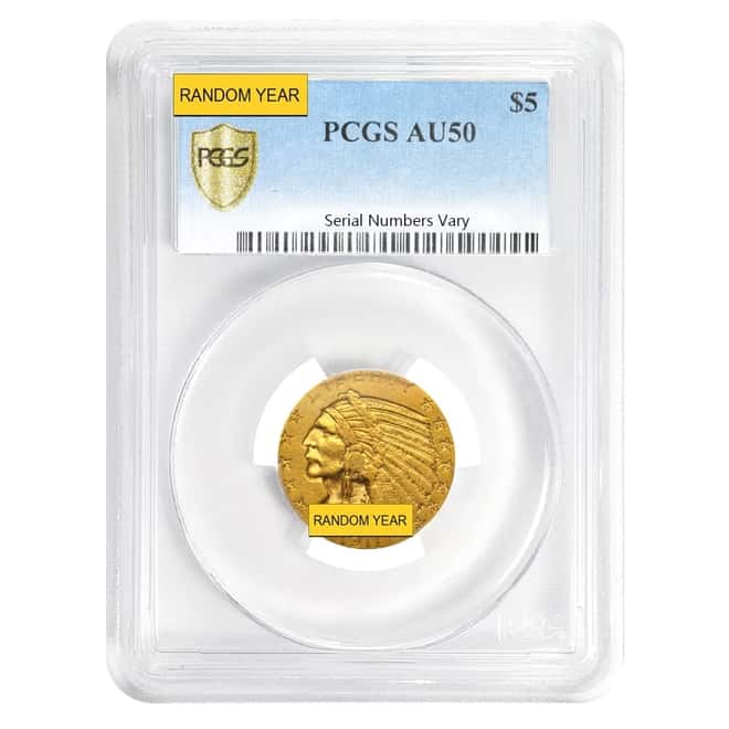 $5 Gold Half Eagle Indian Head PCGS AU 50 (Random Year) 