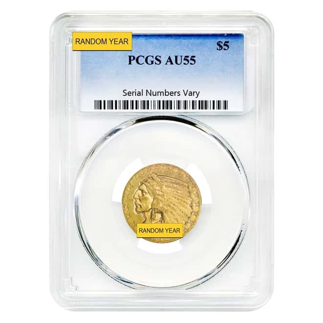 $5 Gold Half Eagle Indian Head PCGS AU 55 (Random Year)