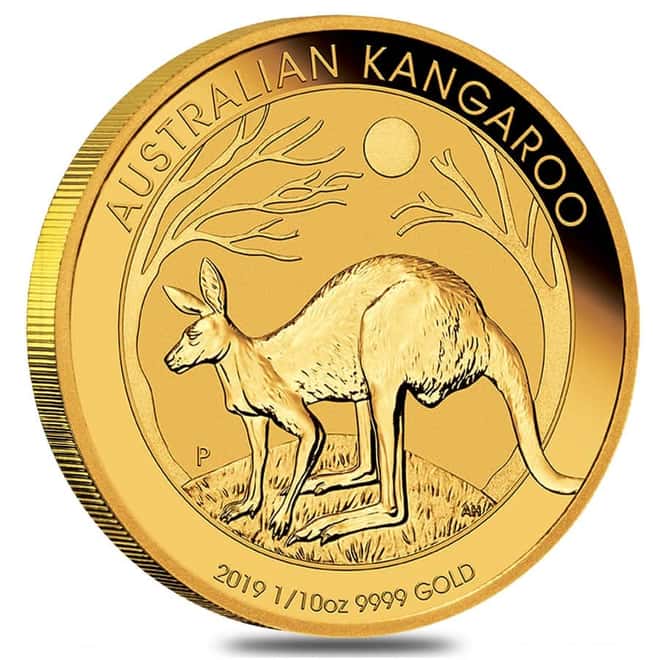 2019 1/10 oz Australian Gold Kangaroo Perth Mint Coin .9999 Fine BU In Cap