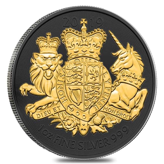 2019 Great Britain 1 oz Silver Royal Arms Coin Black Ruthenium 24K Gold Edition (w/Box & COA)