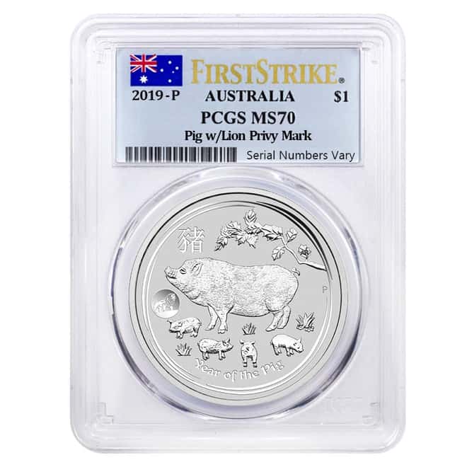 2019 1 oz Silver Lunar Year of The Pig Lion Privy PCGS MS 70 First Strike