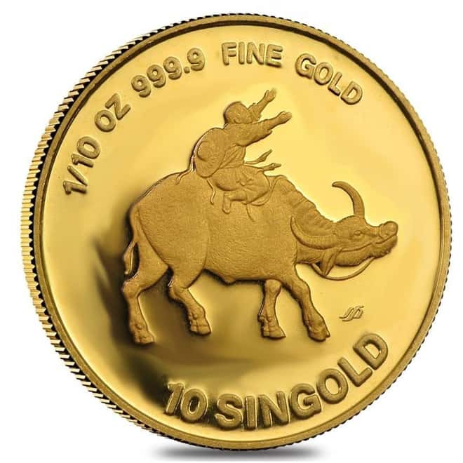 1985 1/10 oz Singapore 10 Singold Year of the Ox Gold Proof-Like Coin (Sealed)