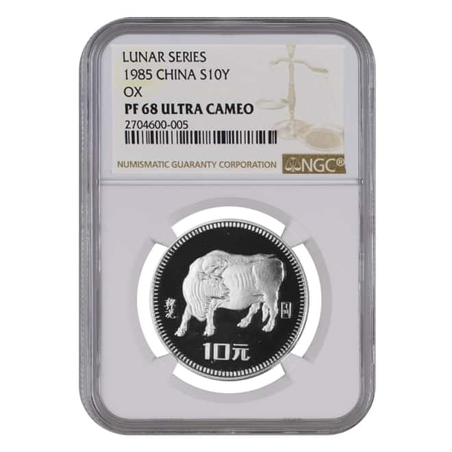 1985 .434 oz Chinese Lunar Year of the Ox 10 Yuan Silver Coin NGC PF 68 UCAM