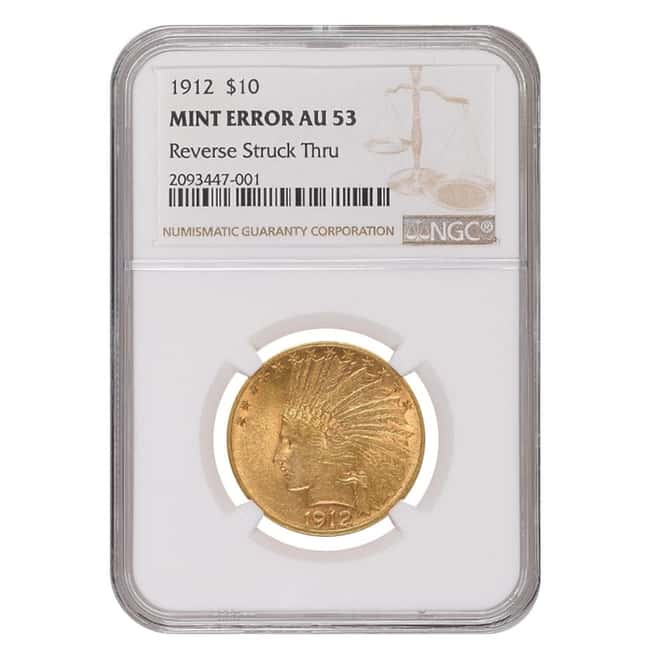 1912 $10 Gold Eagle Indian Head Coin NGC AU 53 Mint Error (Reverse Struck Thru)