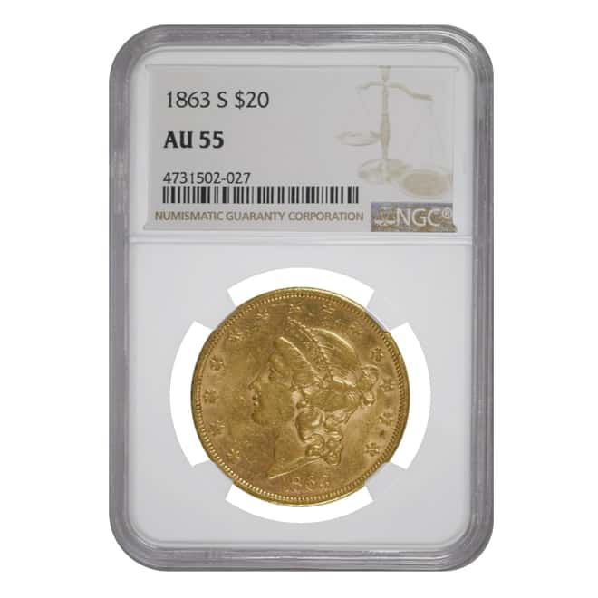 1863 S $20 Liberty Head Double Eagle Gold Coin NGC AU 55