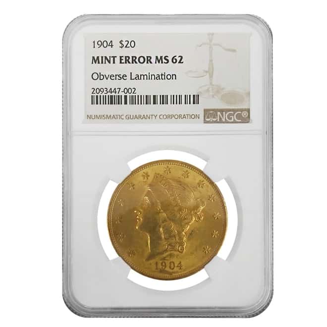 1904 $20 Gold Liberty Head Double Eagle Coin NGC MS 62 Mint Error (Obverse Lamination)