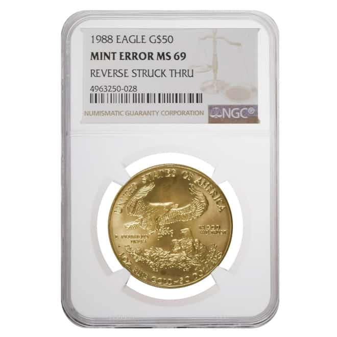 1988 1 oz $50 Gold American Eagle NGC MS 69 Mint Error (Rev Struck Thru)