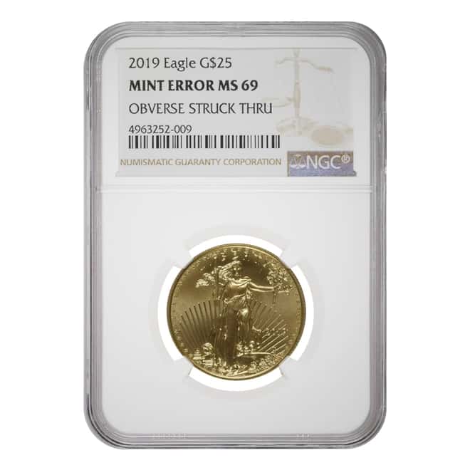 2019 1/2 oz $25 Gold American Eagle NGC MS 69 Mint Error (Obv Struck Thru)