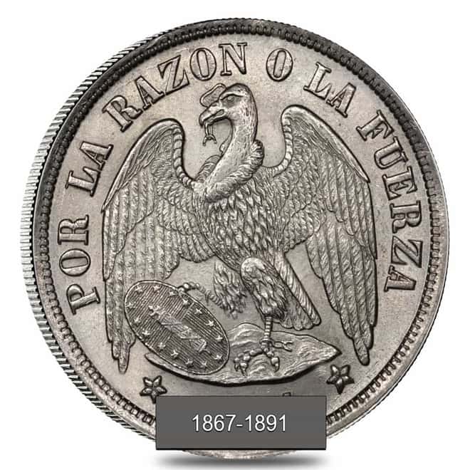 Chile One Peso Silver Coin Circ ASW 0.7234 oz (Random Year, 1867-1891)