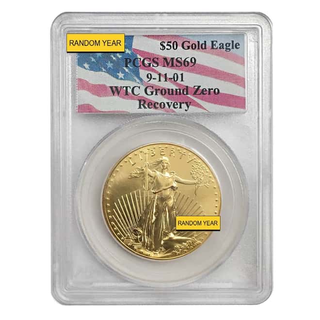 1 oz $50 Gold American Eagle PCGS MS 69 (9-11-01 WTC Ground Zero Label, Random Year)