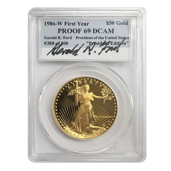 1986 W 1 oz $50 Proof Gold American Eagle PCGS PF 69 DCAM (Gerald R. Ford Sign Label) 