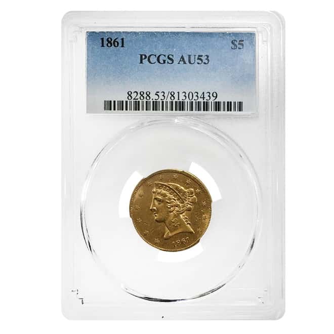 1861 $5 Liberty Head Half Eagle Gold Coin PCGS AU 53