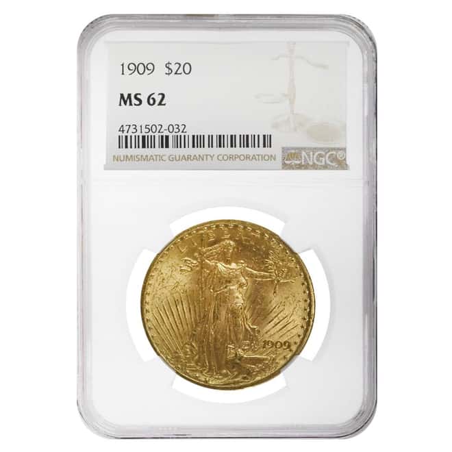 1909 $20 Gold Saint Gaudens Double Eagle Coin NGC MS 62