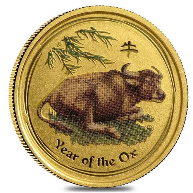 2009 1/10 oz Colorized Gold Lunar Year of The Ox BU Australia Perth Mint In Cap