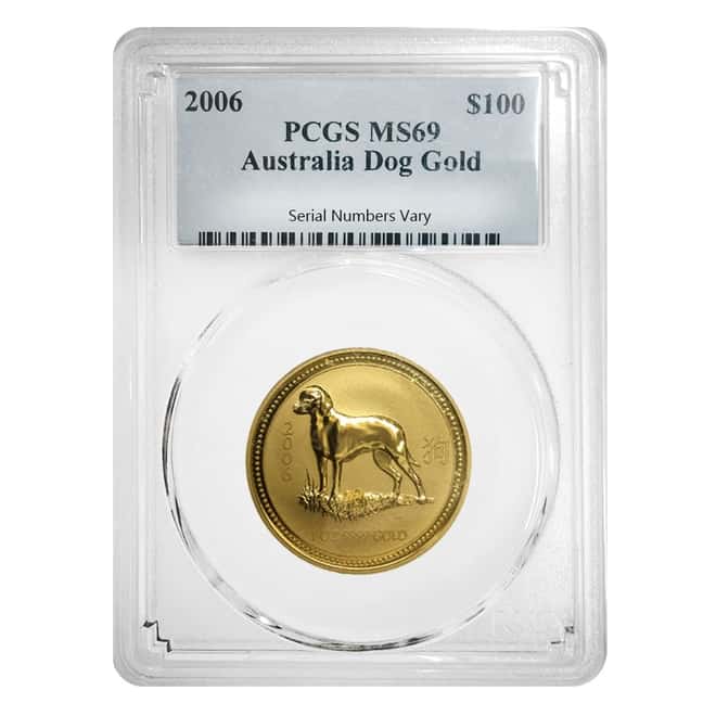2006 1 oz Gold Lunar Year of The Dog Australia Perth Mint PCGS MS 69
