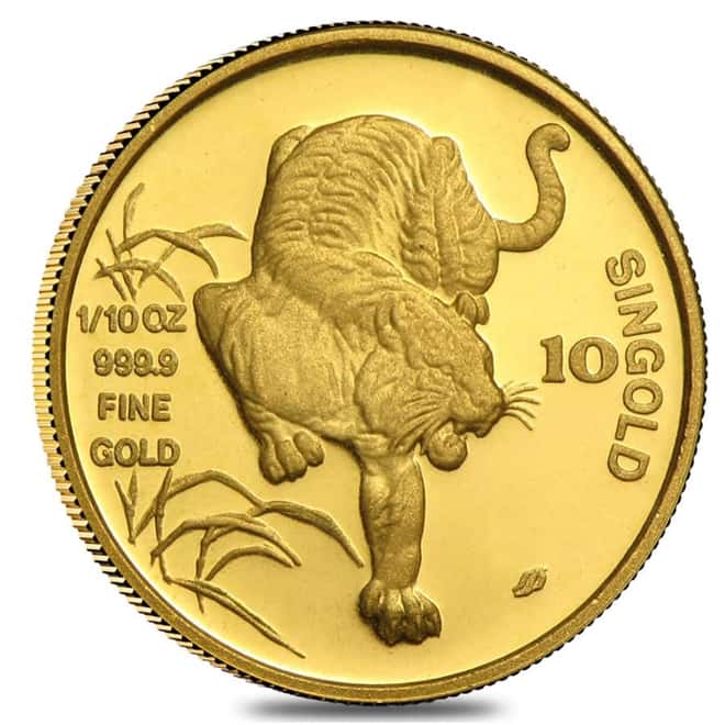 1986 1/10 oz Singapore 10 Singold Year of the Tiger Gold Proof-Like Coin (Sealed)