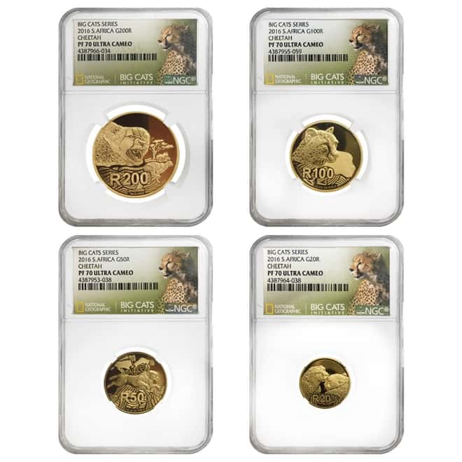 2016 1.85 oz South Africa Cheetah - Big Cats Series Proof Gold 4-Coin Set NGC PF 70 (w/Box & COA)