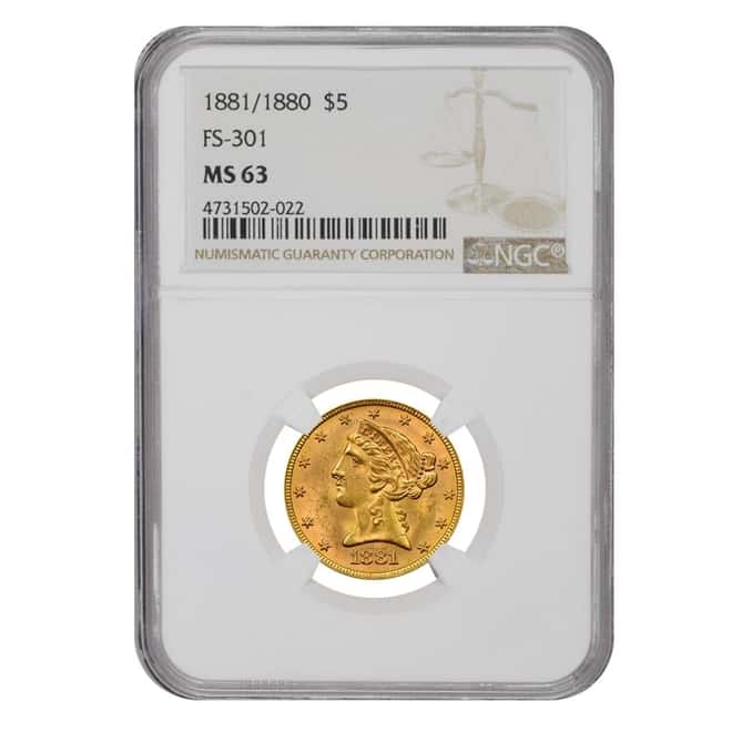 1881/1880 $5 Liberty Head Half Eagle Gold Coin NGC MS 63 FS-301 
