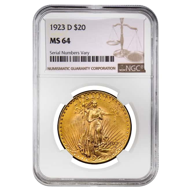 1923 D $20 Gold Saint Gaudens Double Eagle Coin NGC MS 64
