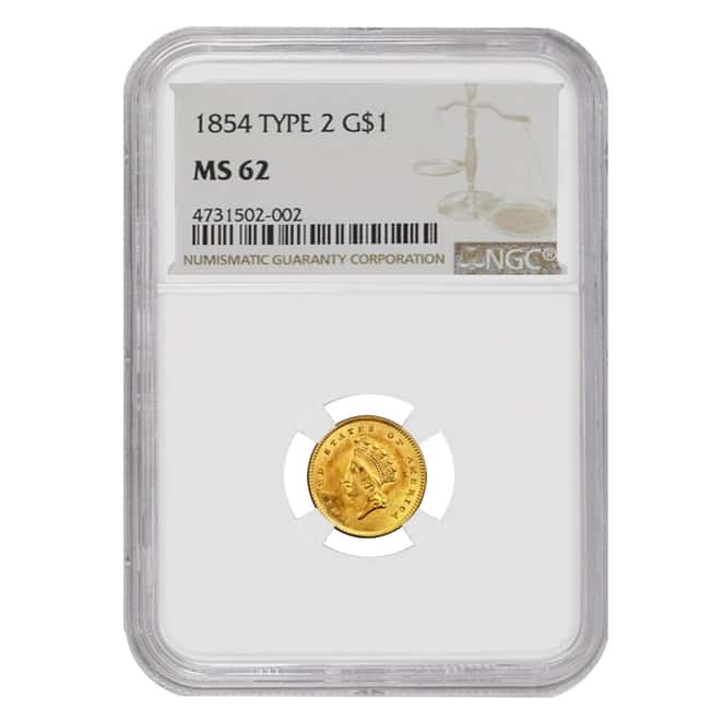1854 $1 Gold Indian Princess Head Type 2 NGC MS 62