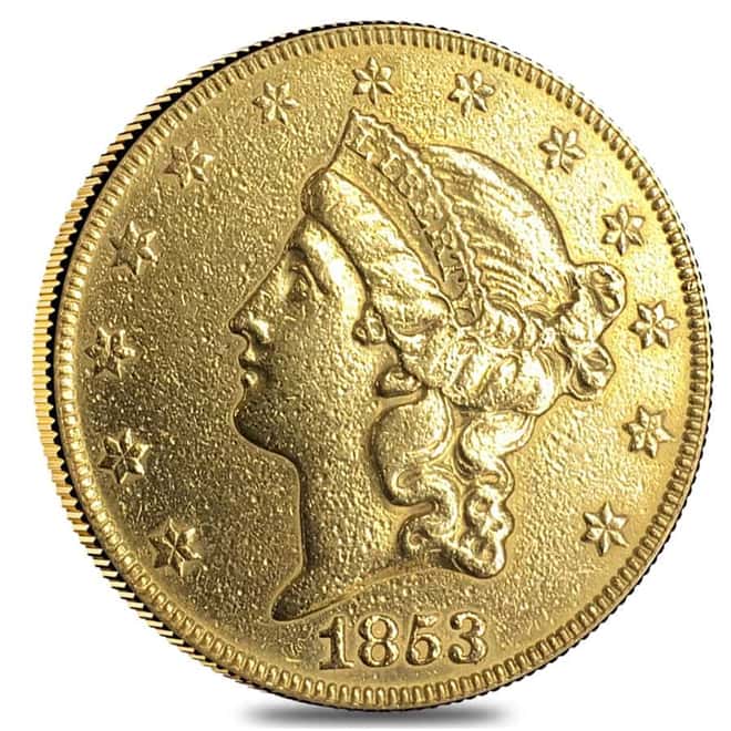 1853 $20 Liberty Head Double Eagle Gold Coin Cleaned