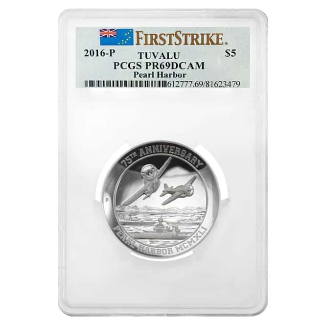 2016 P 5 oz Tuvalu Pearl Harbor High Relief Proof Silver Coin - Perth Mint PCGS PF 69 DCAM (w/COA)