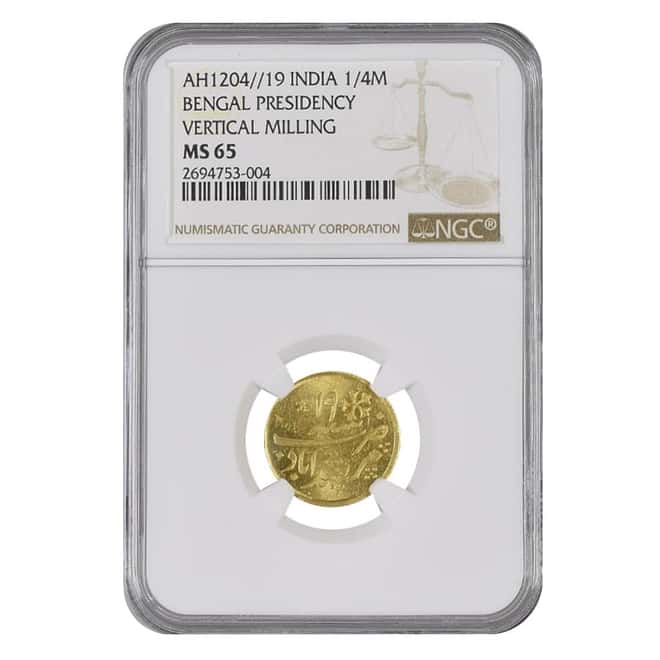 AH 1204 (1819) British India Bengal Presidency 1/4 Mohur Gold Coin NGC MS 65