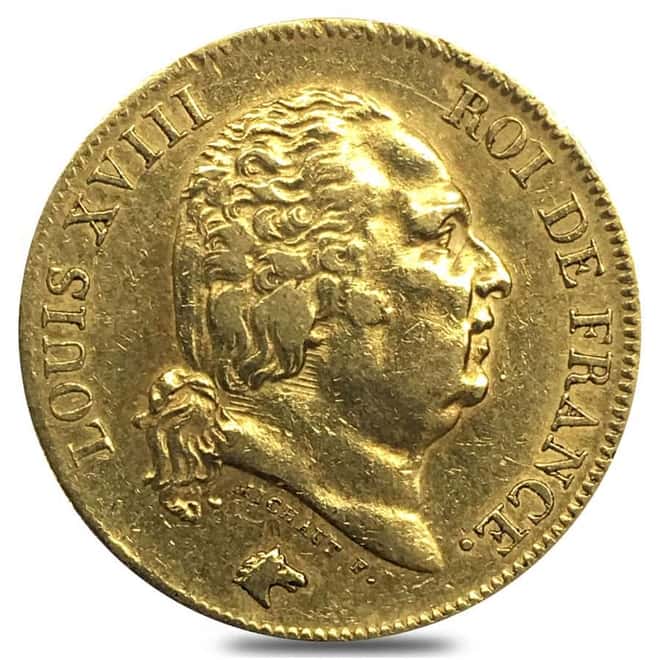 France 40 Francs Louis XVIII Gold Coin AGW .3734 oz Avg Circ (Random Year, 1816-1824)