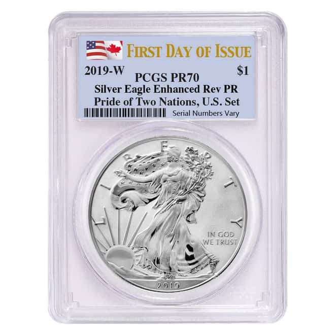 2019 W 1 oz Enhanced Rev. Proof Silver American Eagle PCGS PF 70 FDOI (Pride of Two Nations)