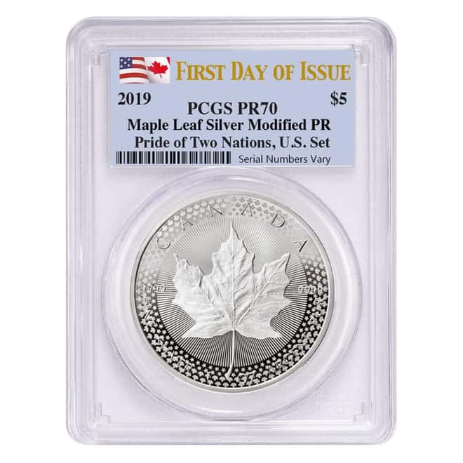 2019 1 oz Modified Proof Silver Canadian Maple PCGS PF 70 FDOI (Pride of Two Nations)