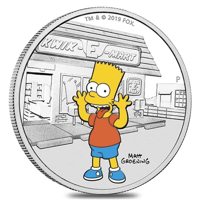 2019 1 oz Tuvalu Proof Bart Simpson Silver Coin .9999 Fine Silver (Colorized) 