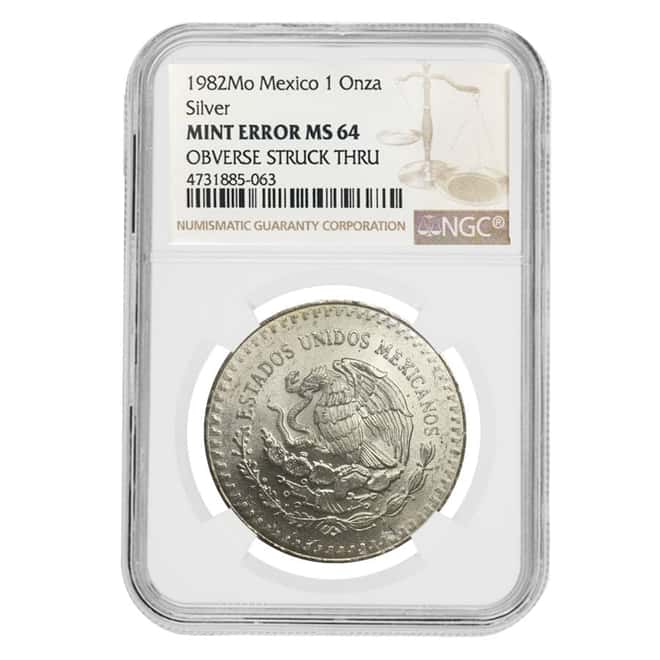 1982 1 oz Silver Mexican Libertad NGC MS 64 Obv Mint Error