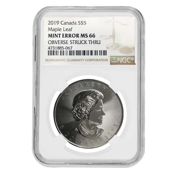 2019 1 oz Canadian Silver Maple Leaf NGC MS 66 Mint Error (Obv Struck Thru)