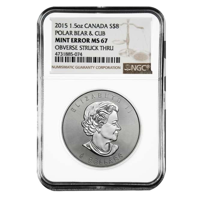 2015 1.5 oz Canadian Silver Polar Bear and Cub NGC MS 67 Mint Error (Obv Struck Thru)
