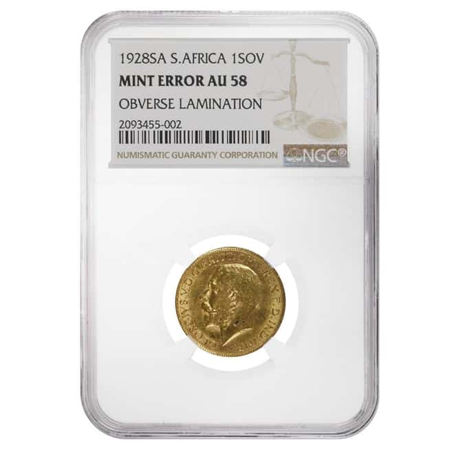 1928-SA Gold South Africa Gold Sovereign George V NGC AU 58 Mint Error
