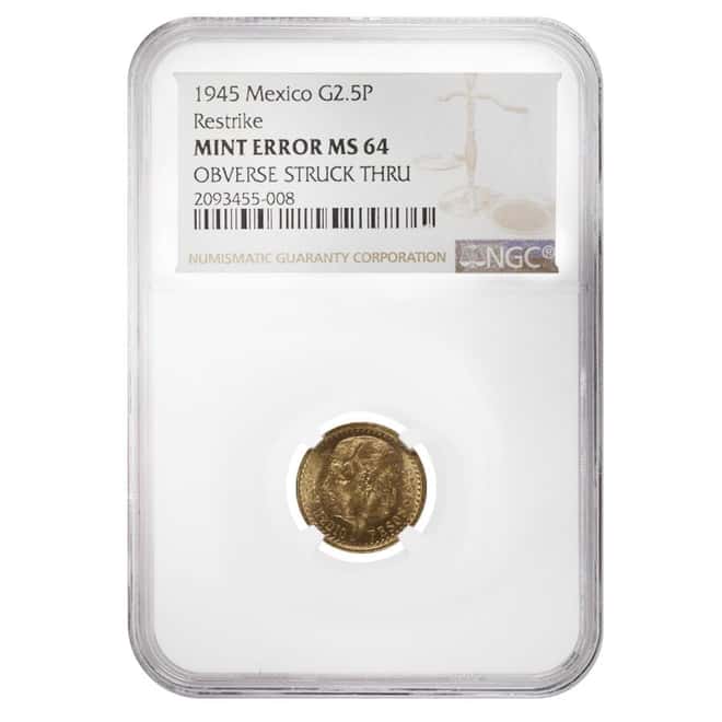 1945 2.5 Pesos Mexican Gold Coin NGC MS 64 Mint Error (Restrike)