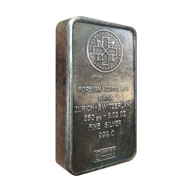 250 gram (8.02 oz) Swiss Foreign Commerce Bank Silver Vintage Bar .999 Fine